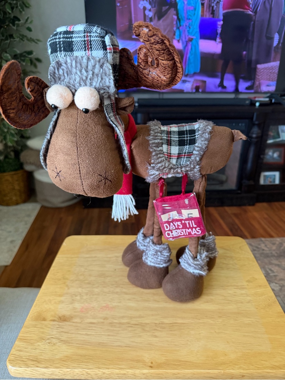 Brown Plush Moose Holiday Countdown Decor with Plaid Hat